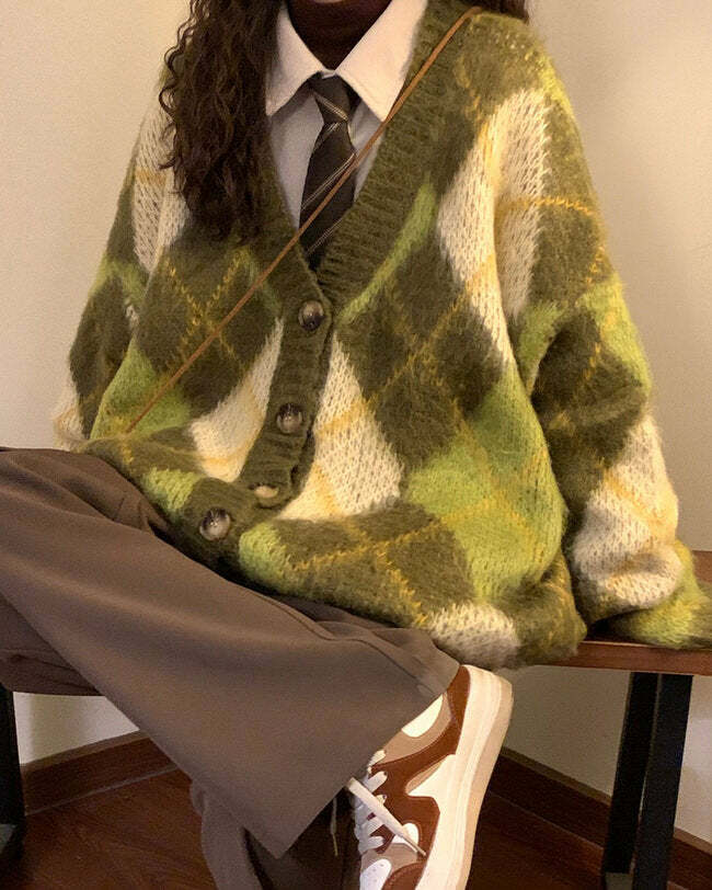 Cozy Green Argyle Cardigan Sweater for Y2K and Preppy Aesthetic Lovers