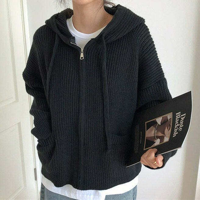 Cozy Hygge Knit Zip Up Hoodie for Y2K Aesthetic and Grunge Style