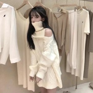 Cozy Ivory Cable Knit Cold Shoulder Sweater for Y2K Aesthetic Vibes