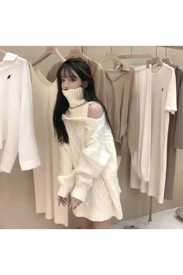 Cozy Ivory Cable Knit Cold Shoulder Sweater for Y2K Aesthetic Vibes