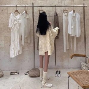 Cozy Ivory Cable Knit Cold Shoulder Sweater for Y2K Aesthetic Vibes