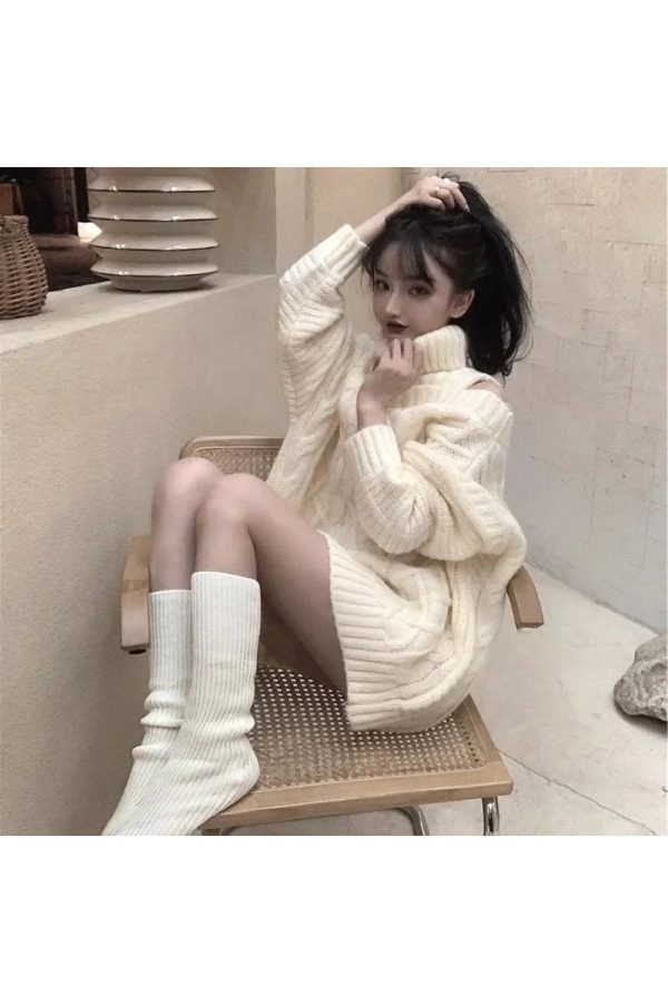 Cozy Ivory Cable Knit Cold Shoulder Sweater for Y2K Aesthetic Vibes