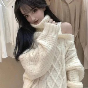 Cozy Ivory Cable Knit Cold Shoulder Sweater for Y2K Aesthetic Vibes