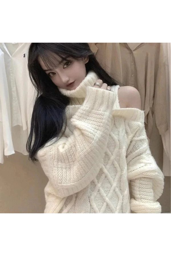 Cozy Ivory Cable Knit Cold Shoulder Sweater for Y2K Aesthetic Vibes