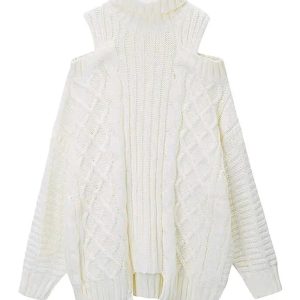 Cozy Ivory Cable Knit Cold Shoulder Sweater for Y2K Aesthetic Vibes