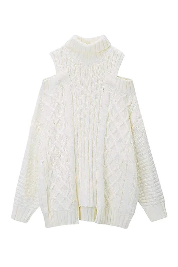 Cozy Ivory Cable Knit Cold Shoulder Sweater for Y2K Aesthetic Vibes