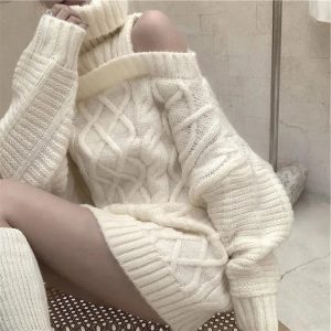 Cozy Ivory Cable Knit Cold Shoulder Sweater for Y2K Aesthetic Vibes