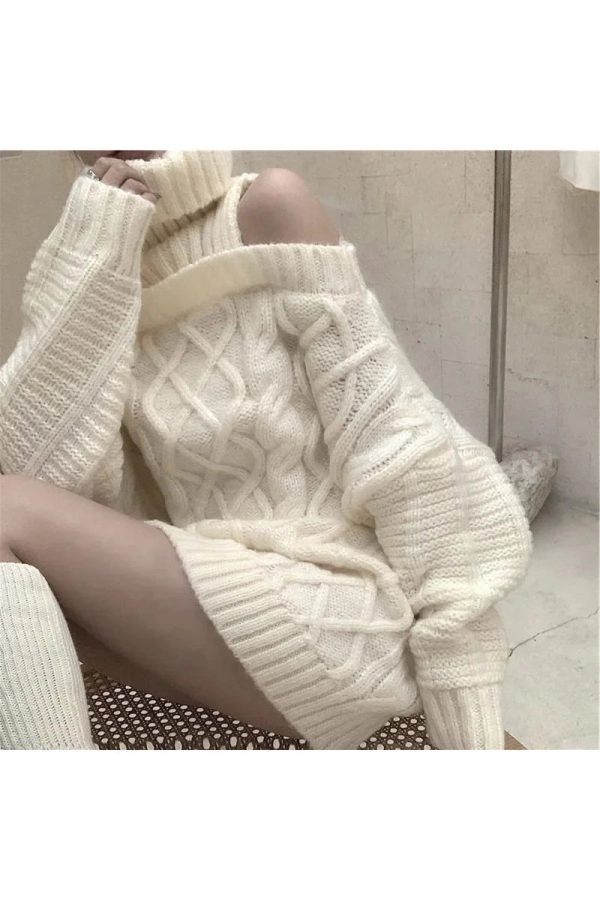 Cozy Ivory Cable Knit Cold Shoulder Sweater for Y2K Aesthetic Vibes