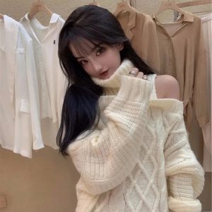 Cozy Ivory Cable Knit Cold Shoulder Sweater for Y2K Aesthetic Vibes