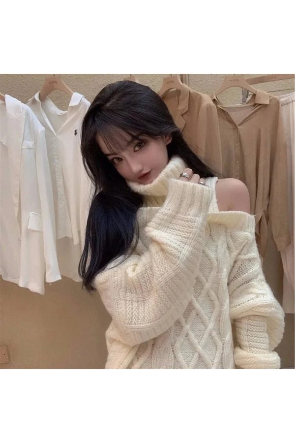 Cozy Ivory Cable Knit Cold Shoulder Sweater for Y2K Aesthetic Vibes