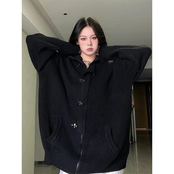 Cozy Midnight Buckle Oversized Cardigan for Y2K Aesthetic Outfits