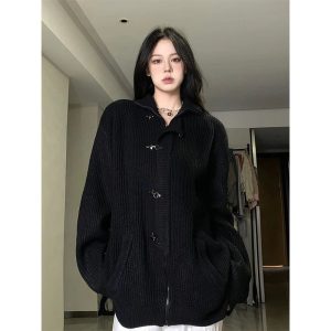 Cozy Midnight Buckle Oversized Cardigan for Y2K Aesthetic Outfits