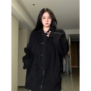 Cozy Midnight Buckle Oversized Cardigan for Y2K Aesthetic Outfits