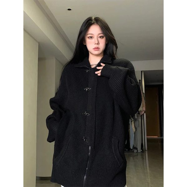 Cozy Midnight Buckle Oversized Cardigan for Y2K Aesthetic Outfits