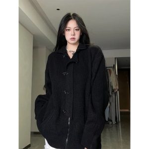 Cozy Midnight Buckle Oversized Cardigan for Y2K Aesthetic Outfits