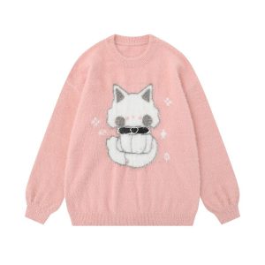 Cozy Midnight Kitty Fuzzy Sweater for Y2K Aesthetic Lovers