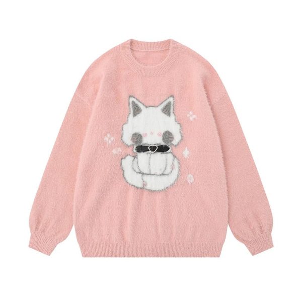 Cozy Midnight Kitty Fuzzy Sweater for Y2K Aesthetic Lovers