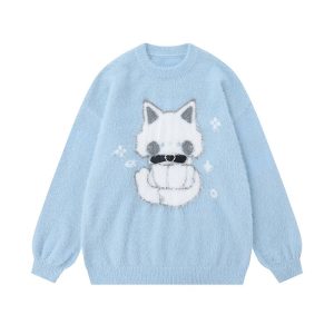 Cozy Midnight Kitty Fuzzy Sweater for Y2K Aesthetic Lovers