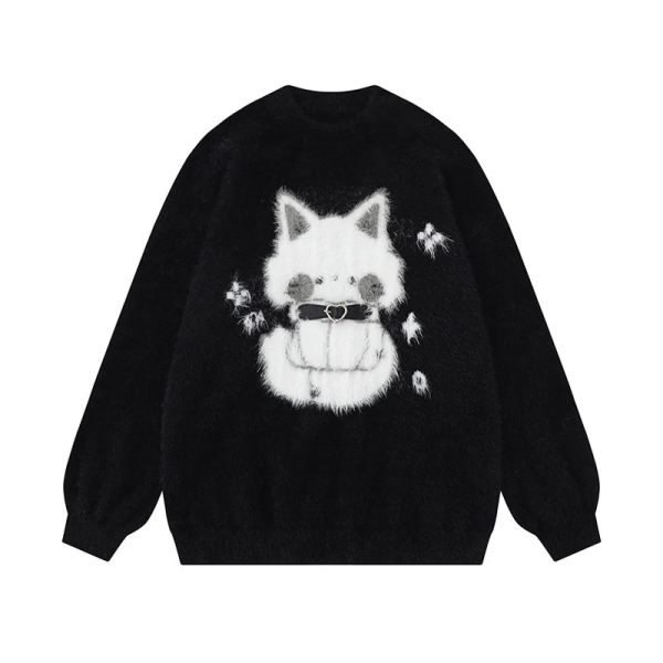 Cozy Midnight Kitty Fuzzy Sweater for Y2K Aesthetic Lovers