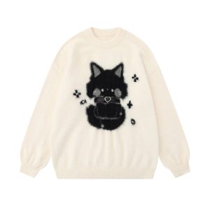 Cozy Midnight Kitty Fuzzy Sweater for Y2K Aesthetic Lovers