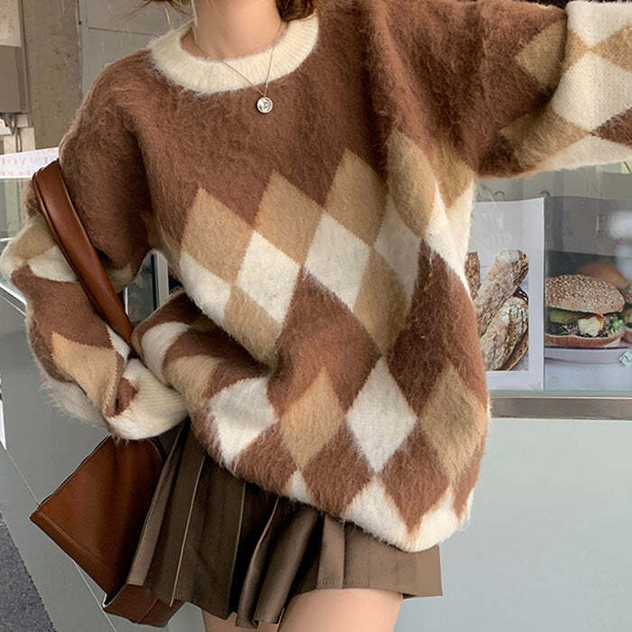 Cozy Mocha Fuzzy Argyle Sweater for Y2K and Grunge Aesthetic Lovers