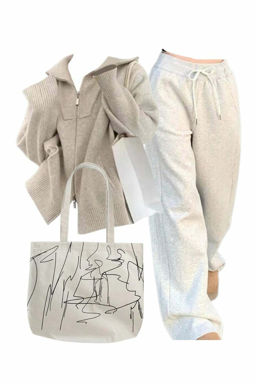 Cozy Neutral Zip-Up Sweater & Vintage Gray Jogging Pants Set with Artsy Bag