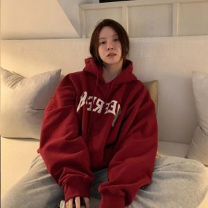 Cozy Oversized Maroon Graphic Hoodie for Y2K Aesthetic Lovers