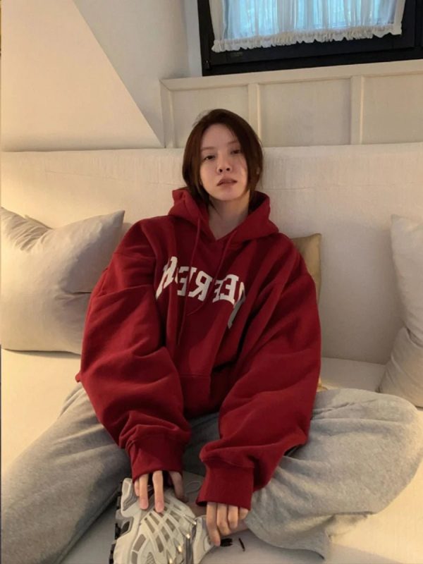 Cozy Oversized Maroon Graphic Hoodie for Y2K Aesthetic Lovers