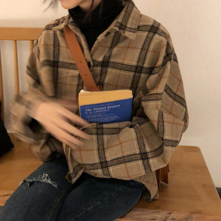 Cozy Oversized Plaid Shirt for Y2K Aesthetic and Grunge Style Vibes