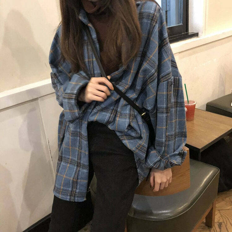 Cozy Oversized Plaid Shirt for Y2K Aesthetic and Grunge Style Vibes