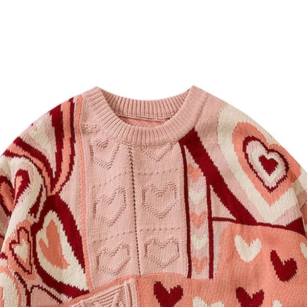 Cozy Patchwork Heart Oversized Sweater for Y2K and Grunge Aesthetic