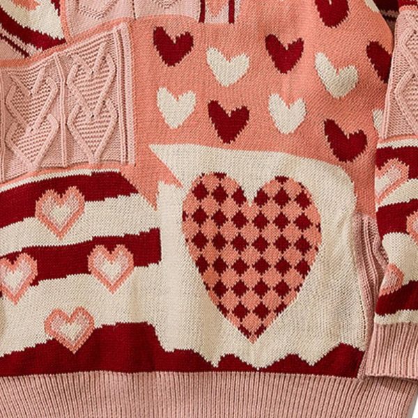 Cozy Patchwork Heart Oversized Sweater for Y2K and Grunge Aesthetic