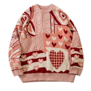 Cozy Patchwork Heart Oversized Sweater for Y2K and Grunge Aesthetic