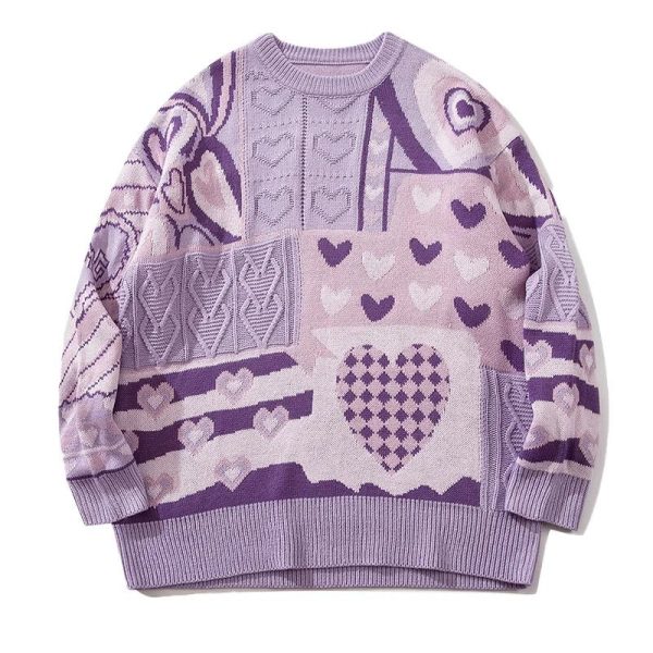 Cozy Patchwork Heart Oversized Sweater for Y2K and Grunge Aesthetic