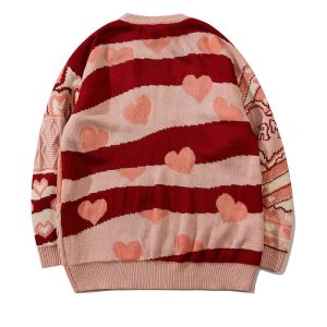 Cozy Patchwork Heart Oversized Sweater for Y2K and Grunge Aesthetic