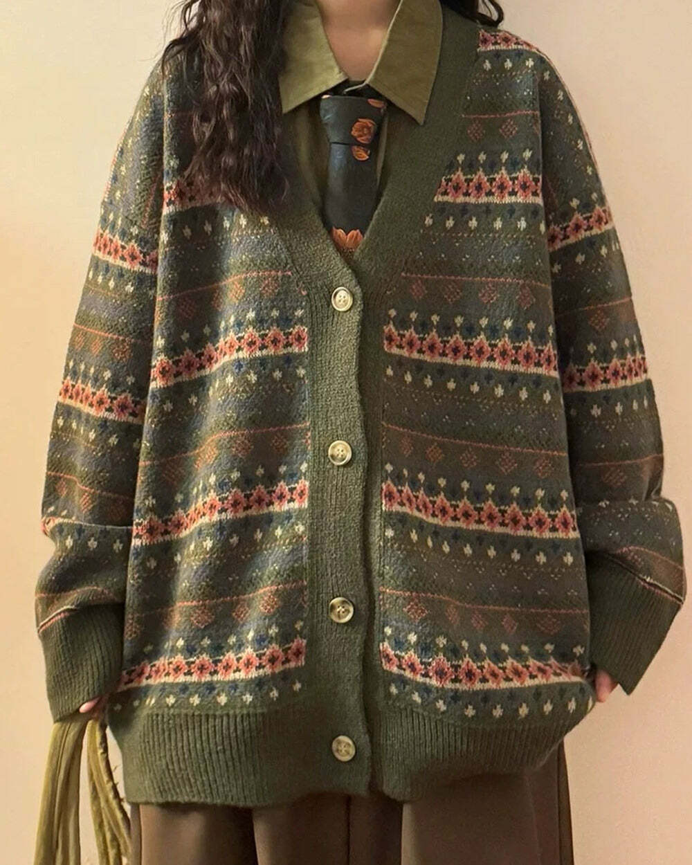 Cozy Patterned Knit Oversized Cardigan for Y2K and Grunge Aesthetic