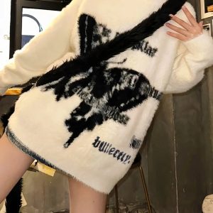 Cozy Phantom Print Fuzzy Sweater for Y2K Aesthetic and Grunge Style