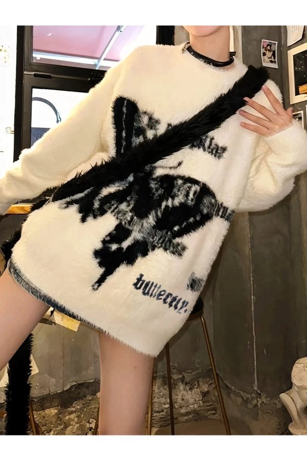 Cozy Phantom Print Fuzzy Sweater for Y2K Aesthetic and Grunge Style