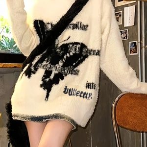 Cozy Phantom Print Fuzzy Sweater for Y2K Aesthetic and Grunge Style