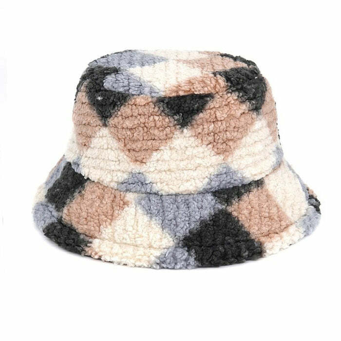 Cozy Preppy Argyle Fuzzy Bucket Hat for Y2K and Grunge Aesthetic