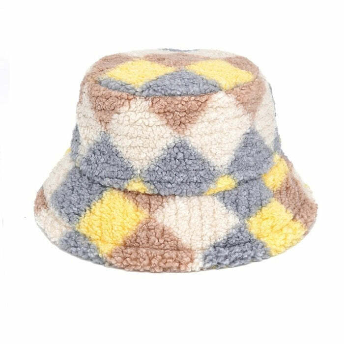 Cozy Preppy Argyle Fuzzy Bucket Hat for Y2K and Grunge Aesthetic