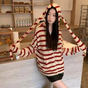 Cozy Striped Y2K Aesthetic Hooded Knit Cardigan for Comfy Outfits