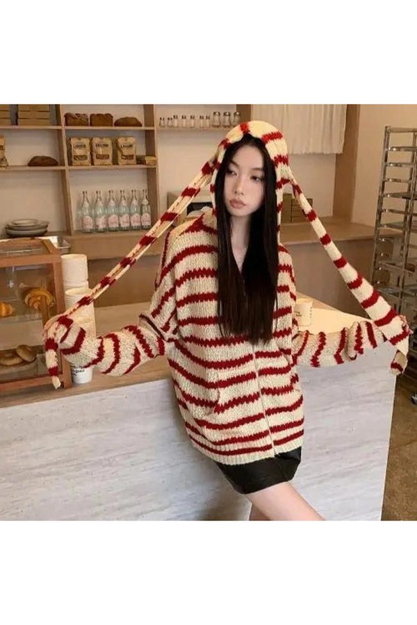 Cozy Striped Y2K Aesthetic Hooded Knit Cardigan for Comfy Outfits