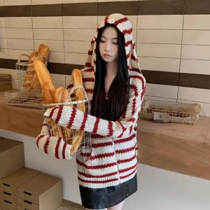 Cozy Striped Y2K Aesthetic Hooded Knit Cardigan for Comfy Outfits