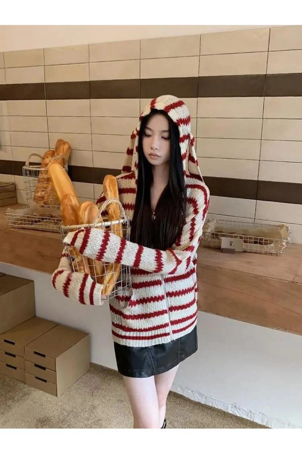 Cozy Striped Y2K Aesthetic Hooded Knit Cardigan for Comfy Outfits