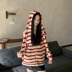 Cozy Striped Y2K Aesthetic Hooded Knit Cardigan for Comfy Outfits