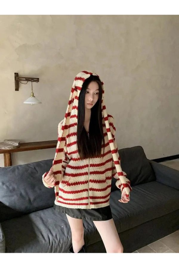 Cozy Striped Y2K Aesthetic Hooded Knit Cardigan for Comfy Outfits