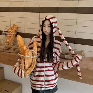 Cozy Striped Y2K Aesthetic Hooded Knit Cardigan for Comfy Outfits