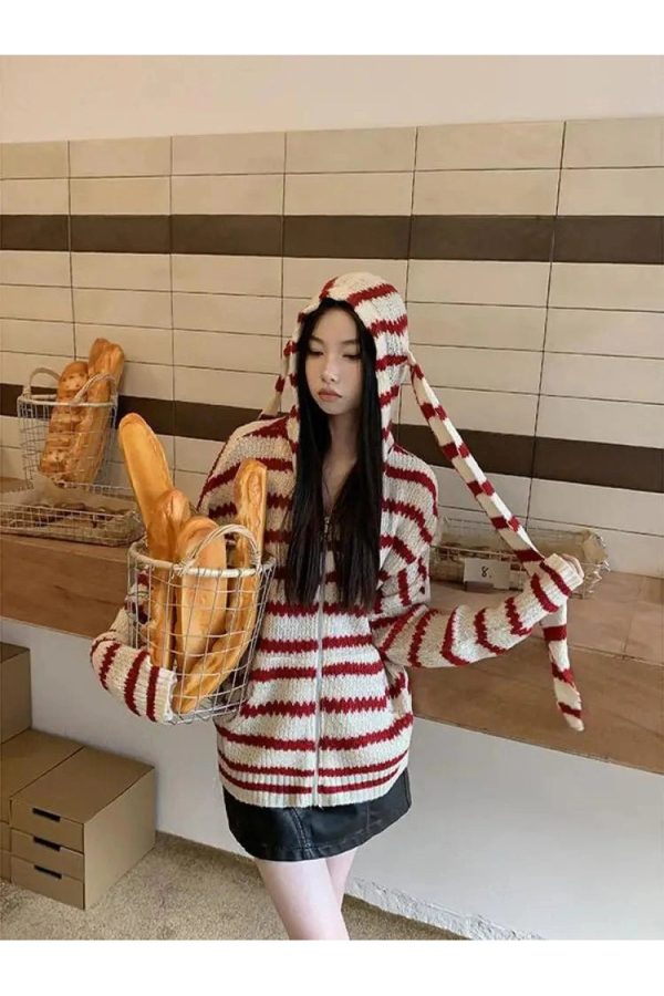 Cozy Striped Y2K Aesthetic Hooded Knit Cardigan for Comfy Outfits