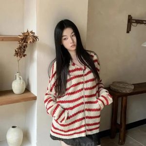 Cozy Striped Y2K Aesthetic Hooded Knit Cardigan for Comfy Outfits